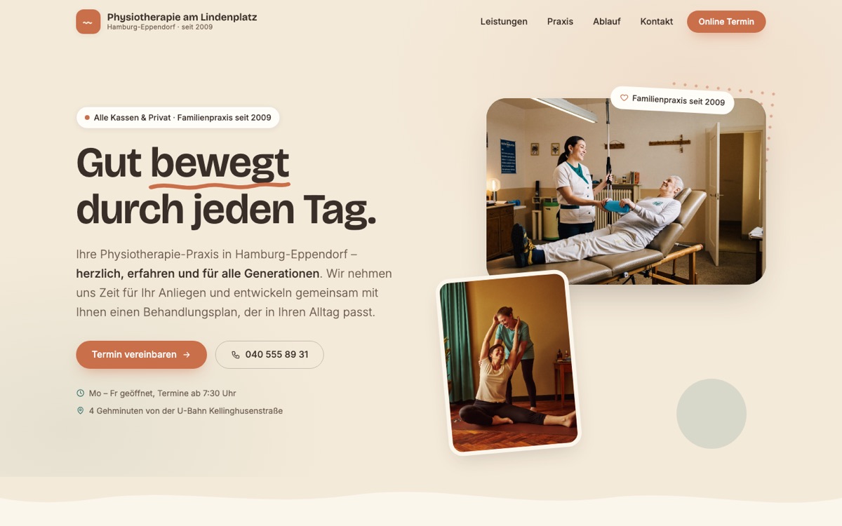 Startseite der Studie Physio am Lindenplatz in warmen Sandtönen